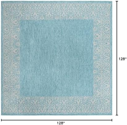 Unique Loom Outdoor Border Collection Area Rug - Floral Border (10' 8" Square, Aqua/ Ivory) - Image 2