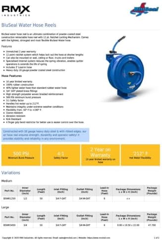 BLUSEAL BSWR5850 Retractable Hose Reel with 5/8" x 50' Hot Water Rubber Hose, 6' Lead-in, 500 PSI, Brass Fittings, Swivel Mount Hose Reel, 9 Pattern Spray Nozzle - Image 6