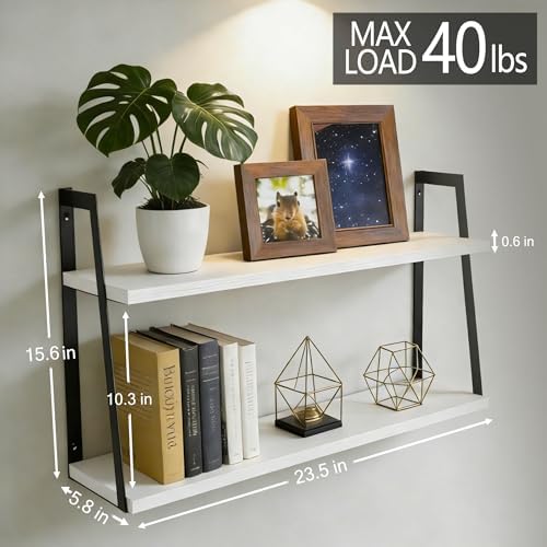 SRIWATANA White 2-Tier Floating Wall Shelves, Rustic Wood Storage Shelf Set - Image 3