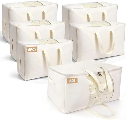 Soft Large Canvas Storage Bags with Zipper. Thick Breathable. Four Carrying Handles and Window. Cotton Linen Storage for Pillows, Quilt, Blankets and Comforter, 80L, Beige by Unknown