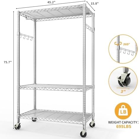 Metal Rolling Clothes Rack 695LBS Wardrobe Rack with Wheels Chrome - Image 3