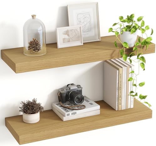 Acovy 24 Inch Floating Shelves, 8 Inch Deep Floating Shelves for Wall, Hanging Shelf with Invisible Brackets, Deep Shelves for Bathroom, Bedroom, Living Room, Oak, Set of 2 by Acovy