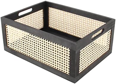 Black Wooden Rattan Storage Basket with Handle,14.96"x11.02"x6.30" by HODAKJUE