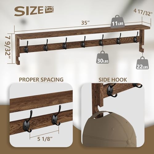 AMBIRD Coat Rack Wall Mount, 35 Inch Extra Long Wall Hooks with Hanging, Wooden Shelf with 7 Metal Hooks 2 Side Hooks, Wall Key Holder with Shelf in Entryway, Kitchen, Bathroom, Living Room, Bedroom - Image 3