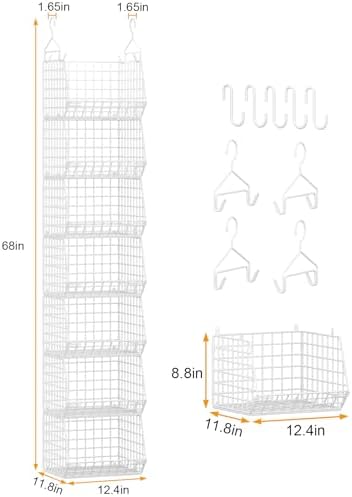 7 Tier Hanging Closet Organizer and Storage, Foldable Wire Closet Shelving with 4 Large Hooks+5 S Hooks,Hanging Basket for Clothes Sweaters Shoes Handbags,Wardrobe Kitchen Laundry Room-White - Image 3