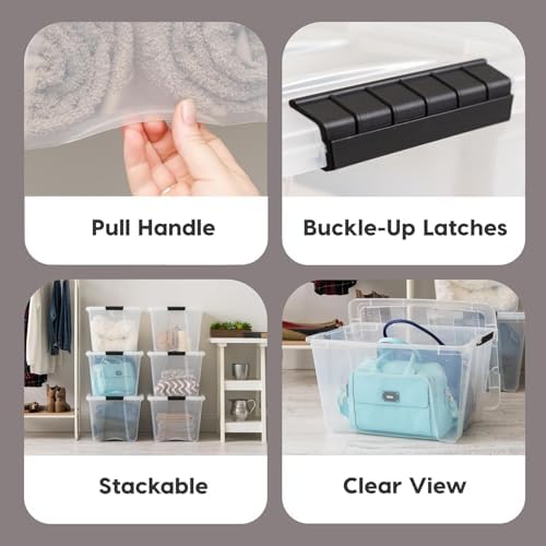 IRIS USA 54 Qt Stackable Plastic Storage Bins with Lids, 12 Pack - BPA-Free, Made in USA - See-Through Organizing Solution, Latches, Durable Nestable Containers, Secure Pull Handle - Clear - Image 4