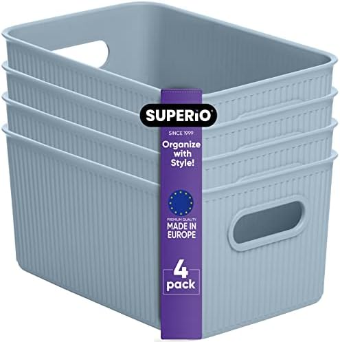 Superio Ribbed Collection - Decorative Plastic Basket Open Home Storage Bins Organizer, Medium Blue (4 Pack) Container Boxes for Organizing Closet Storage Bins for Shelves Drawer Shelf 5 Liter by Superio
