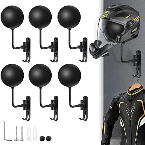 Kikerike Motorcycle Helmet Rack Wall Mount with 180 Degree Rotation and 2 Hooks - Metal Helmet Holder Display Stand, Black, 6 Pcs by Kikerike