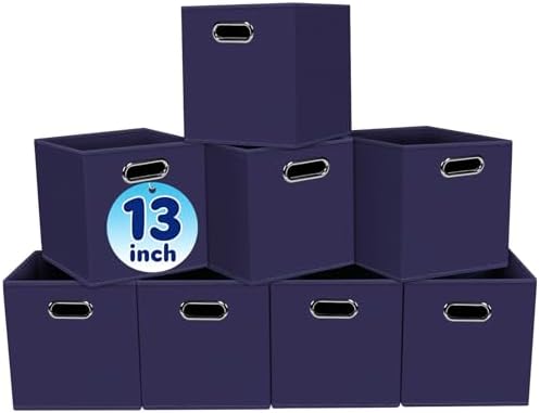 Fabric Cubby Storage Bins,13x13x13 Inches,Cube Organizer Bin Foldable Storage Boxes with Dual Handles Fabric Organizer Box and collapsible Storage basket,Set of 8,Navy Blue by Yunkeeper