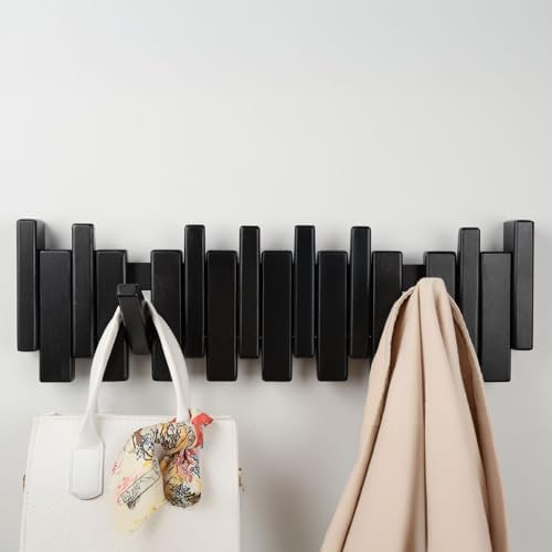 Beech Piano Key Coat Rack with 8 Flip Hooks, Black - Image 2