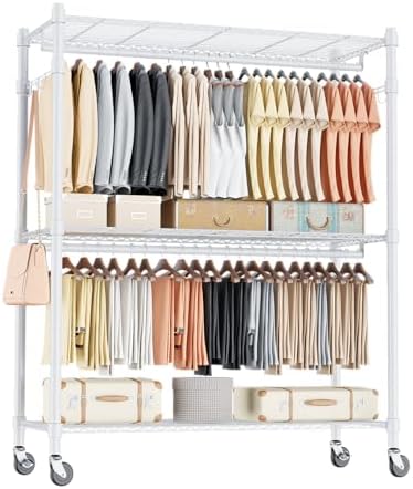 Homdox 3 Tier Garment Rack with Wheels, Portable Closets for Hanging Clothes Heavy Duty, Closet Racks and Shelving with Double Hanger Rods & Side Hooks, White by HOMDOX