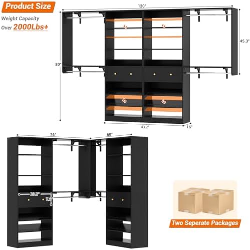 [10 FT Closet System] 120 Inch Reversible Set of 2 Wood Closet Organizer System with 2 Drawers, 4 Hanging Rods Adjustable Shelf, Walk In Closet Organizers with Shoe Rack, Garment Rack, Black - Image 3