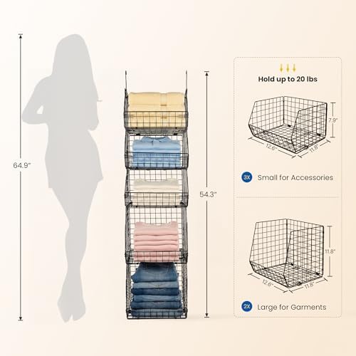 5 Tier Metal Hanging Closet Organizer with 2 Extra Tall Storage Baskets & 3 Standard Wire Baskets, Heavy Duty Foldable Closet Organizer with Snag‑Free Liners for Clothes, Jeans, Handbags, Hats - Image 3