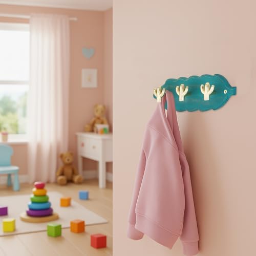 Vintage Wall Mounted Coat Rack with 3 Polished Brass Cactus Hooks – Solid Teal Wood Base, Decorative Hook Rail for Bags & Towels, Southwestern Organizer for Entryway & Bedroom - Image 5