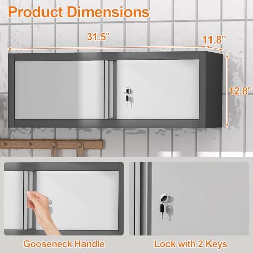 GREATMEET Metal Garage Storage Cabinets, Lockable Storage Cabinet with Doors, Wall Mount Cabinet Storage with Lock, Hanging Floating (Grey, 13" H) - Image 3