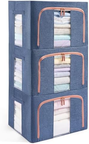 GuliPostan 3 Pack 100L Stackable Clothes Storage Bins with Metal Frame Handles & Zipper, Collapsible Closet Organizer Box with Lid for Bedding Blankets Towel (Navy) by Unknown