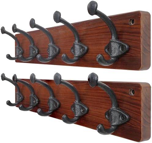 WEBI Rustic Coat Rack Wall Mount,5 Cast Iron Coat Hooks Wall Mounted,Heavy Duty Farmhouse Wood Coat Hanger Wall Antique Vintage Hooks for Hanging Jacket,Clothes,Backpack,Cherry,2 Packs by WEBI