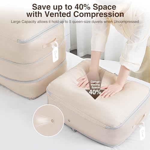 Homsorout 6 Pack Compression Storage Bags - 110L Large Capacity Comforter Storage Bag, 3-Layer Washable Ultra Space Saving Self Compression Organizer Space Bags for Blankets, Sweaters, Sheets, Beige - Image 3