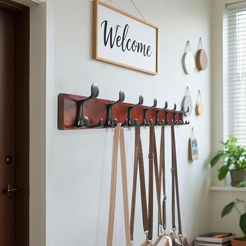 WEBI Coat Rack Wall Mount,43" Solid Wood Coat Hooks Wall Mounted Coat Hanger,16" Hole to Hole,Heavy Duty Hook Rack Rail,8 Triple Hooks for Hanging Coats,Jacket,Clothes,Hat,Backpack,Cherry,2 Packs - Image 2
