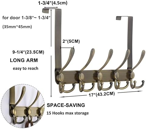 Dseap Over The Door Hook Hanger - Fits 1 3/8" to 1 3/4" Standard Doors | 5 Tri Hooks Heavy Duty Towel/Coat Rack | Door Organizer for Clothes, Jackets, Hats, Towels, Bronze, Pack of 2 - Image 4