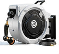 SUNPOW Retractable Garden Hose Reel - 5/8in x 100ft Heavy Duty Wall Mounted Hose Reel with 3/4in Brass Fitting & 10 Function Nozzle - Any Length Lock, Auto Rewind System, 180°Swivel Bracket - Gray by SUNPOW
