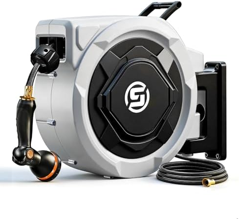 SUNPOW Retractable Garden Hose Reel - 5/8in x 100ft Heavy Duty Wall Mounted Hose Reel with 3/4in Brass Fitting & 10 Function Nozzle - Any Length Lock, Auto Rewind System, 180°Swivel Bracket - Gray by SUNPOW