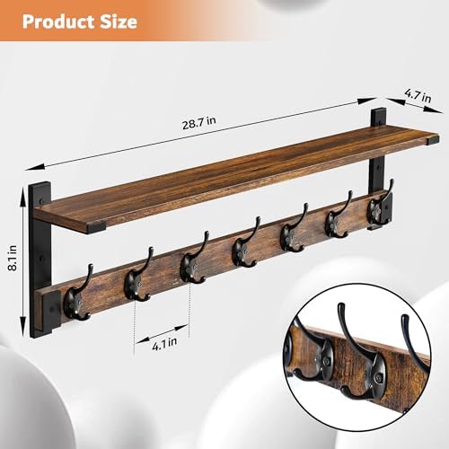 Oraich Wall Hooks with Shelf, 28.7 Inch Coat Rack Wall Mount with Hook for Coat Backpack Key Clothes Hanger, Wall Floating Shelf Hanging in Entryway, Living Room, Bathroom, Bedroom, Kitchen - Image 2