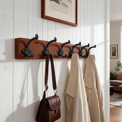 WEBI Rustic Coat Rack Wall Mount,24" Long 6 Cast Iron Coat Hooks Wall Mounted,Heavy Duty Farmhouse Wood Coat Hanger Wall Antique Vintage Hooks for Hanging Jacket,Clothes,Backpack,Cherry - Image 3