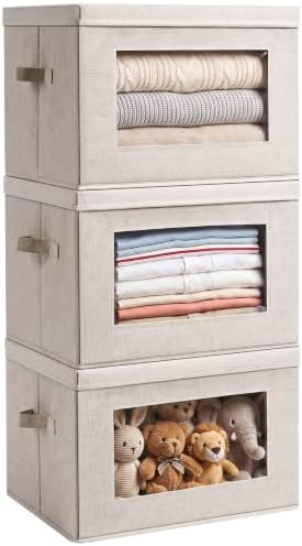 3-Pack Large Storage Bins with Lids & Clear Window, Foldable Fabric Closet Organizer Boxes, Stackable Cube Baskets with Soft Handles for Clothes & Blankets, 17”, Beige by Anywish