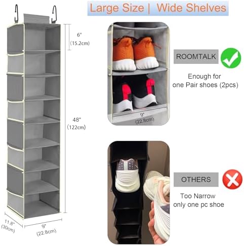 2 Pack Large-Sized Hanging Shoe Organizer 8-Shelf, Hanging Closet Organizer with 8 Side Pockets, Wider Hanging Shelves for Storage Shoes Clothes 9" W × 11.8" D× 48" H, Grey. - Image 3