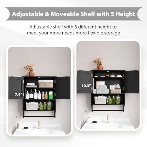 Black Bathroom Cabinet with Towel Rack, Bathroom Wall Cabinet with 2 Doors and Adjustable Shelf, Medicine Cabinet Wall Mount, Over The Toilet Storage - Image 4