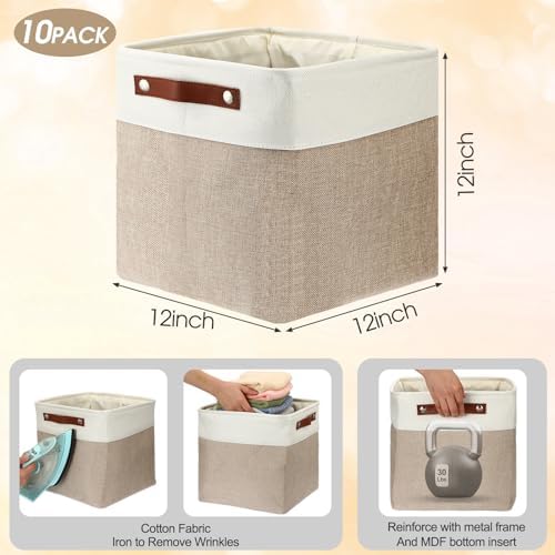 Uiifan 10 Pcs Collapsible Fabric Storage Baskets, 12 x 12 x 12 Inch, Beige - Image 3