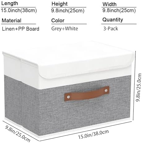 Yawinhe Fabric Storage Boxes with Lids,White/Grey,15.0x9.8x9.8in,3-Pack - Image 4