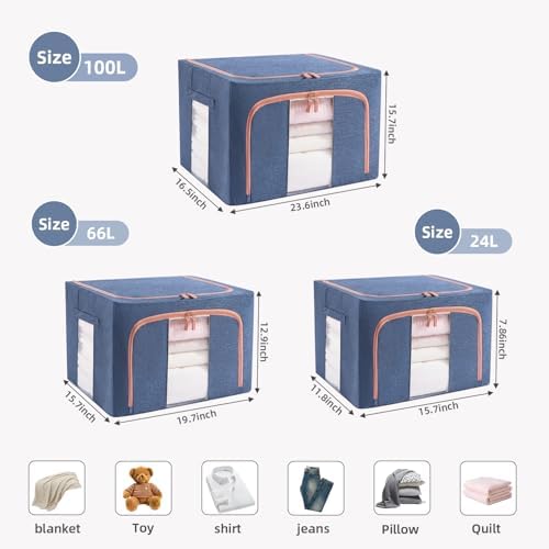 GuliPostan 3 Pack 100L Stackable Clothes Storage Bins with Metal Frame Handles & Zipper, Collapsible Closet Organizer Box with Lid for Bedding Blankets Towel (Navy) - Image 2