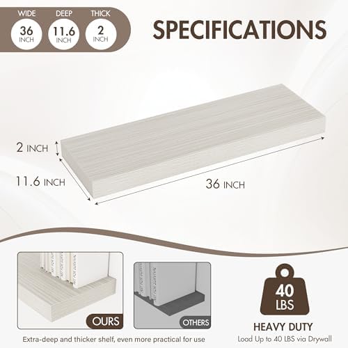 Acovy 36 Inch Floating Shelves, 12" Deep Floating Shelf Wall Mounted, 36" Wall Shelves, Rustic Deep Bookshelf, Extra Deeper & Thicker Display Shelves for Bedroom, Living Room, Gray, Set of 2 - Image 4