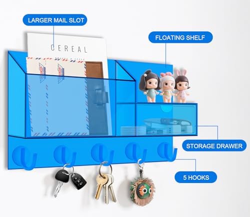 Acrylic Key Holder Wall Mount Mail Organizer for Wall with Shelf Storage Drawer and 5 Hooks, Blue - Image 2