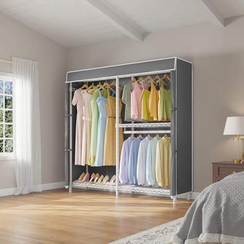 VIPEK V4C Heavy Duty Adjustable Clothing Rack, White Metal Closet Rack with Grey Cover, 57.9" L x 17.3" W x 76.4" H, 3 Hanging Rods & Side Hooks, Portable Closet - Image 2