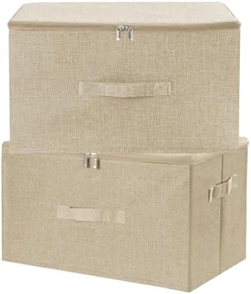 ANMINY Fabric Storage Bins with Zipper Lids, 18"x14"x10", Beige, 2 PCS by ANMINY