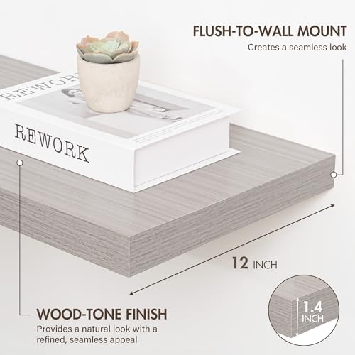 Acovy 12 Inch Floating Shelves, 12" Deep Floating Shelf Wall Mounted, 12" Wall Shelves, Rustic Deep Bookshelf, Extra Deeper Display Shelves & Storage Shelves for Bedroom, Living Room, Set of 3 - Image 3