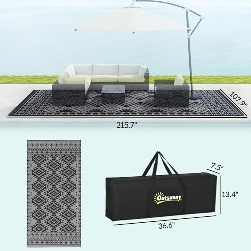 Outsunny Outdoor Rug for Patio Waterproof 9' x 18' Black & Gray Rhombus - Image 3