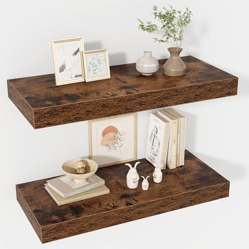 Acovy 24 Inch Floating Shelves, 12" Deep Floating Shelf Wall Mounted, 24" Wall Shelves, Rustic Deep Bookshelf, Extra Deeper & Thicker Display Shelves for Bedroom, Living Room, Brown, Set of 2 by Acovy