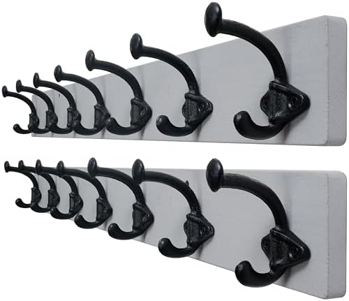 WEBI Rustic Coat Rack Wall Mount,30" Long 7 Cast Iron Coat Hooks Wall Mounted,Heavy Duty Farmhouse Wood Coat Hanger Wall Antique Vintage Hooks for Hanging Jacket,Clothes,Backpack,Gray,2 Packs by WEBI