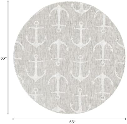 Unique Loom Outdoor Coastal Collection Area Rug - Ahoy (5' 3" Round, Gray/ Ivory) - Image 2