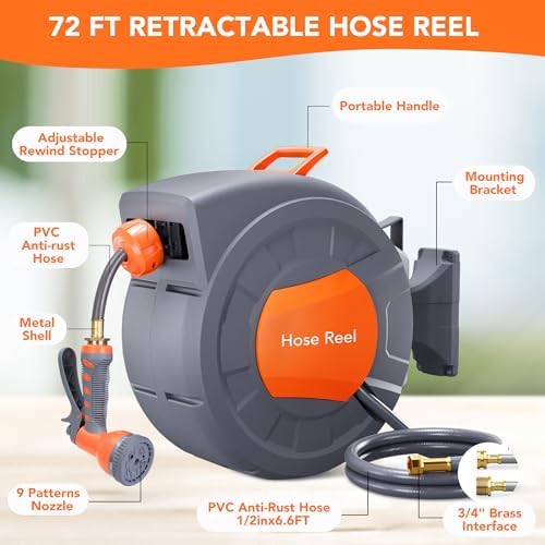 GAOMON Retractable Garden Hose Reel - 1/2 in x 72 ft, Wall Mounted, 9-Function Sprayer, Any Length Lock, 180° Swivel, Automatic Slow Rewind - Image 4