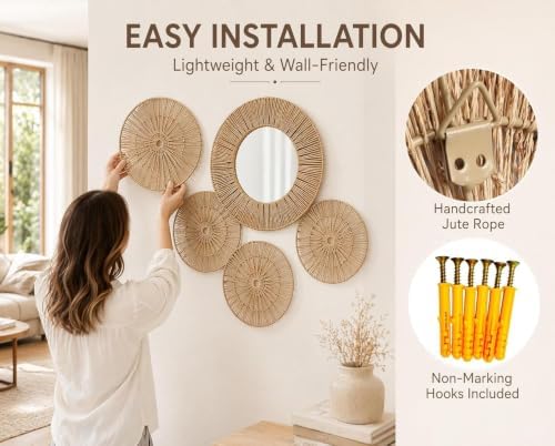 Wicker Wall Decor Baskets, 6 Packs Boho Wall Art - 20",18",16",14",12,10" - Image 5