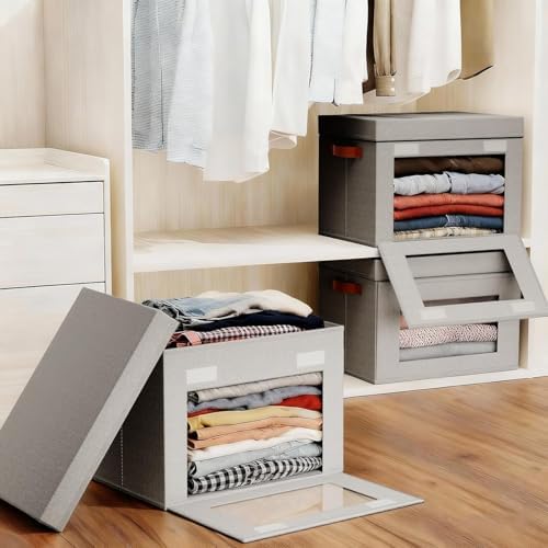 6-Pack Collapsible Stackable Storage Bins with Lids, Grey - Image 6