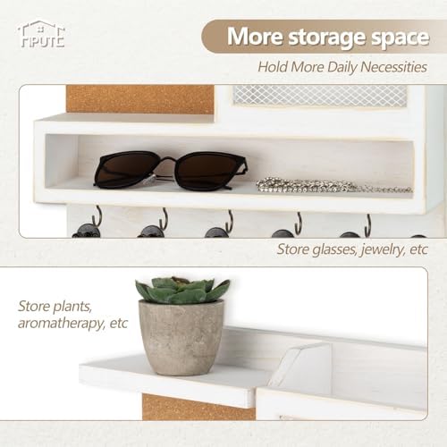 Key Holder for Wall with Mail Organizer,Farmhouse Mail and Key Holder for Wall,Key Hanger with ‌Metal 11 Hooks,Corkboard,and Shelf,Decorative Natural Pine Wood Entryway Organizer,14.6*11.1*3.3”,White - Image 3