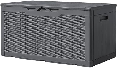Greesum 100 Gallon Resin Deck Box Large Outdoor Storage, Imitation Rattan Weave Texture for Patio Furniture, Garden Tools, Pool Supplies, Weatherproof and UV Resistant, Lockable, Gray by BuynowfromGreesum