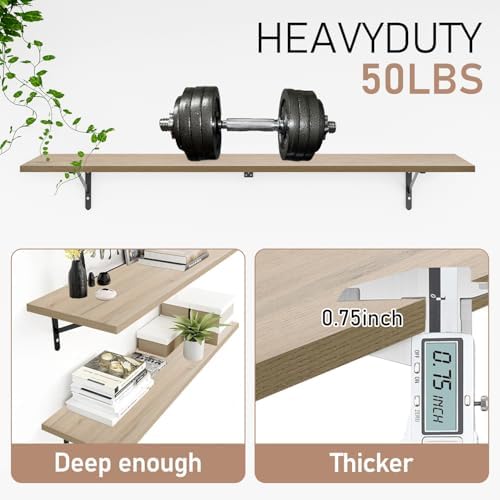 Kaboon 45 inch Long 10 inch Deep Floating Shelves for Wall Set of 2, Large Open Shelves Wall Mounted, Space Saving Home and Commercial Use,Oak/Grey Tone - Image 4