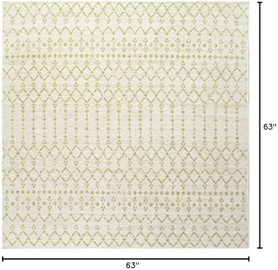 Eyely Moroccan Woven Square Rug 5X5 Cream/Green, Indoor Outdoor Rug - Image 2